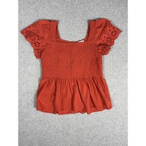 Madewell Womens Eyelet Sleeve Lucie Smocked Peplum Blouse Romantic Size Medium
